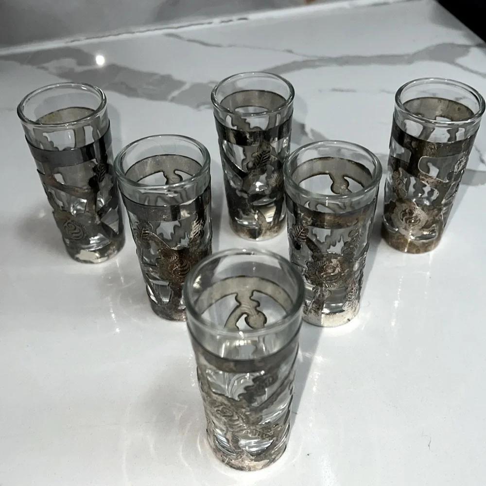 Set of 6 EGA Mexico Sterling Silver 925 703 Glass w Sterling Overlay Shot Glass